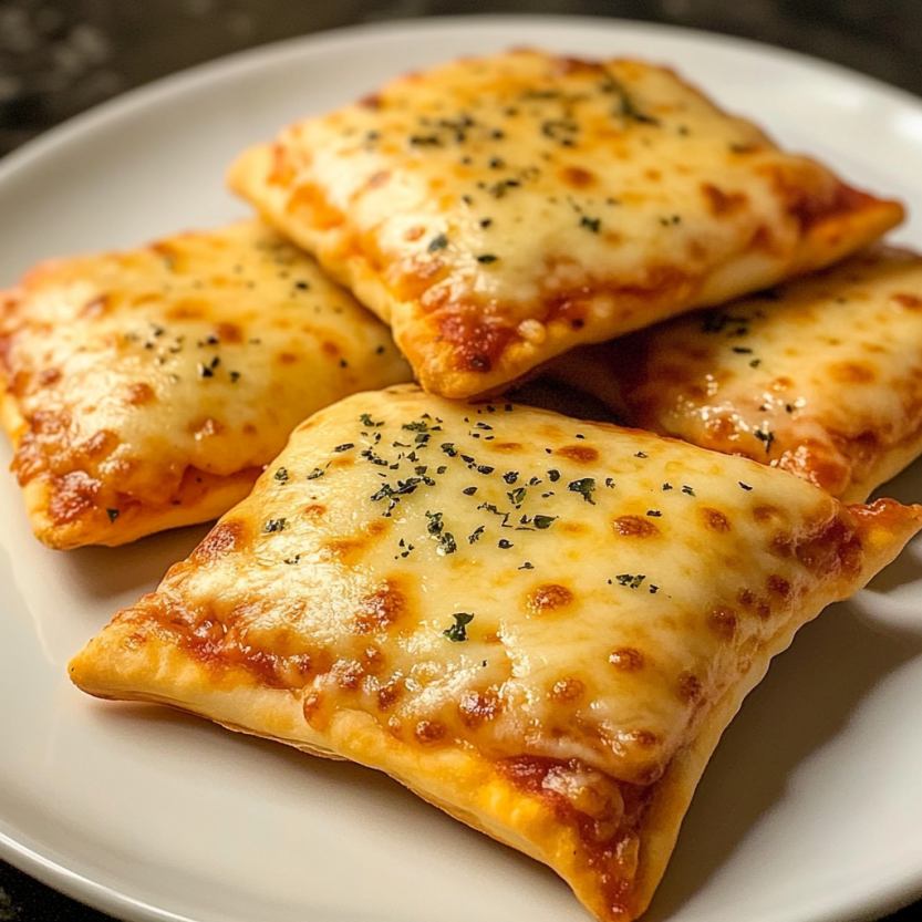 Quatre pockets de pizza avec des fromages sur un plateau.