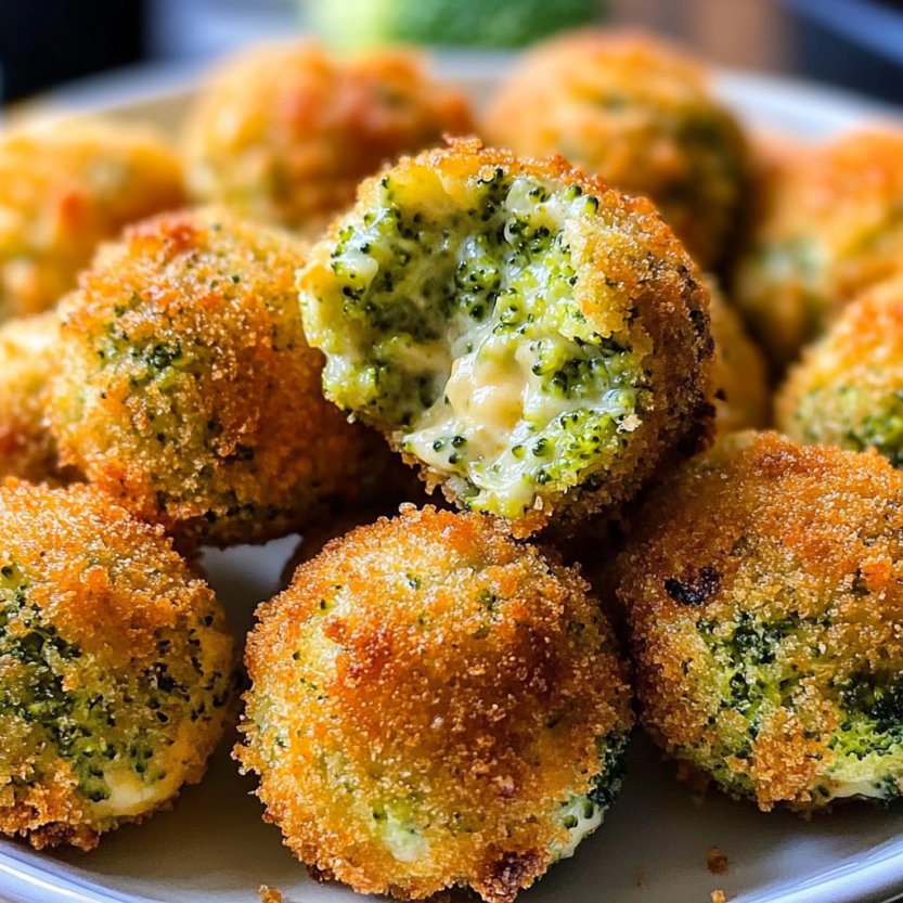 Une pile de broccoli cheese balls sur un plateau.