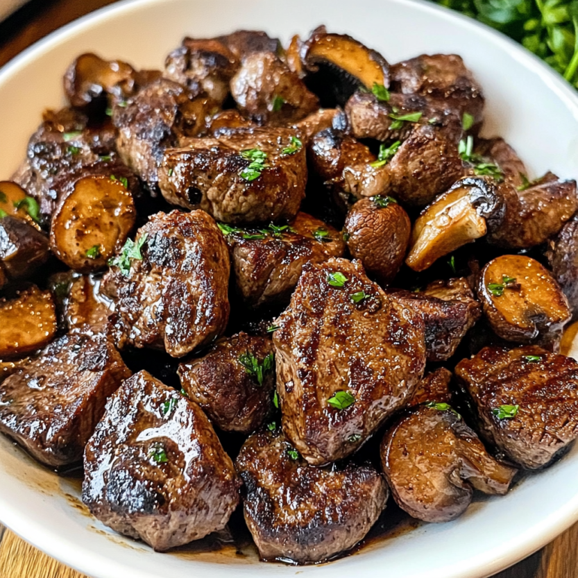 Une assiette de bouchées de steak frit dans un air fryer avec des champignons.