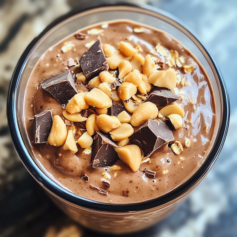 Un verre rempli de crème chocolat avec des noix de cajou et des noix de cacahuète.