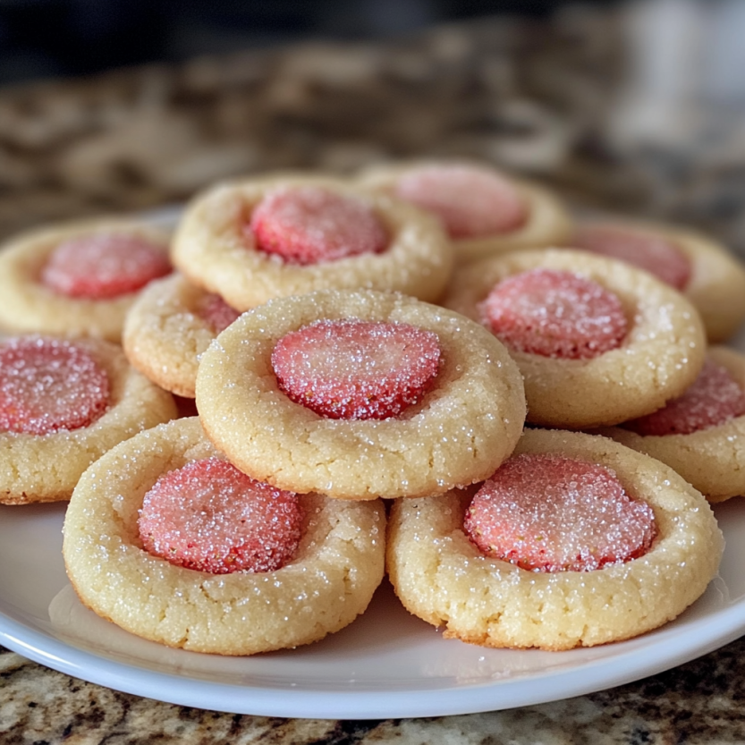 Plate of strawberry sugar cookies with sparkling.