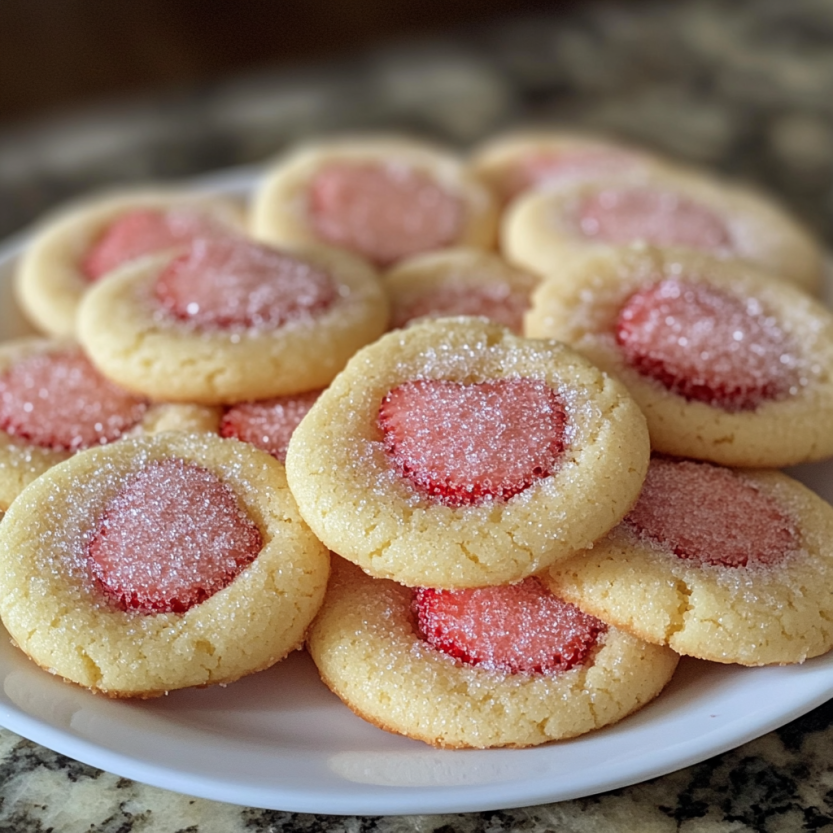 Plate of strawberry sugar cookies with sparkling.