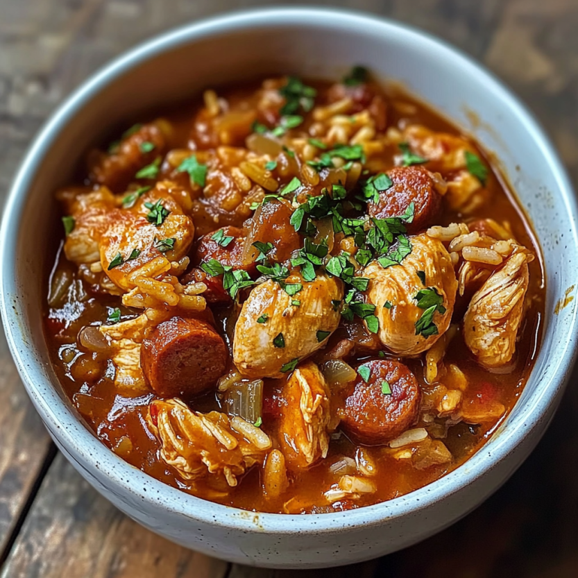 Un bol contenant du jambalaya avec des chicken et des saucisses.