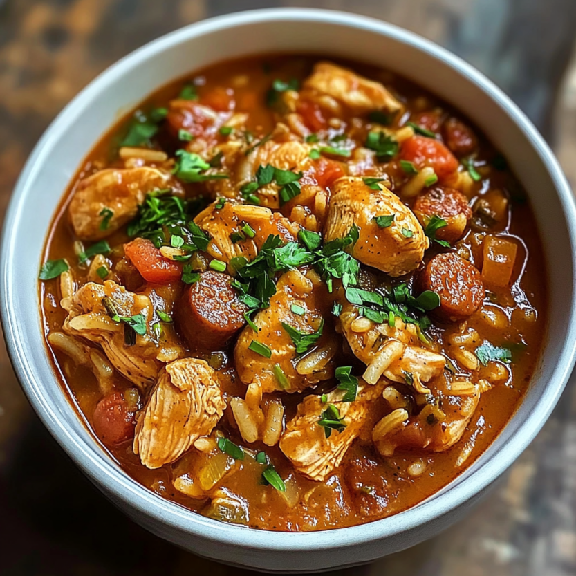 Un bol contenant du jambalaya avec des morceaux de chicken et de saucisson.