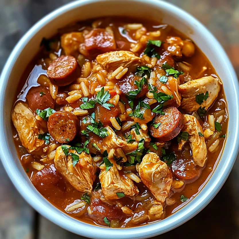 Un bol contenant du jambalaya avec des chicken et des saucisses.