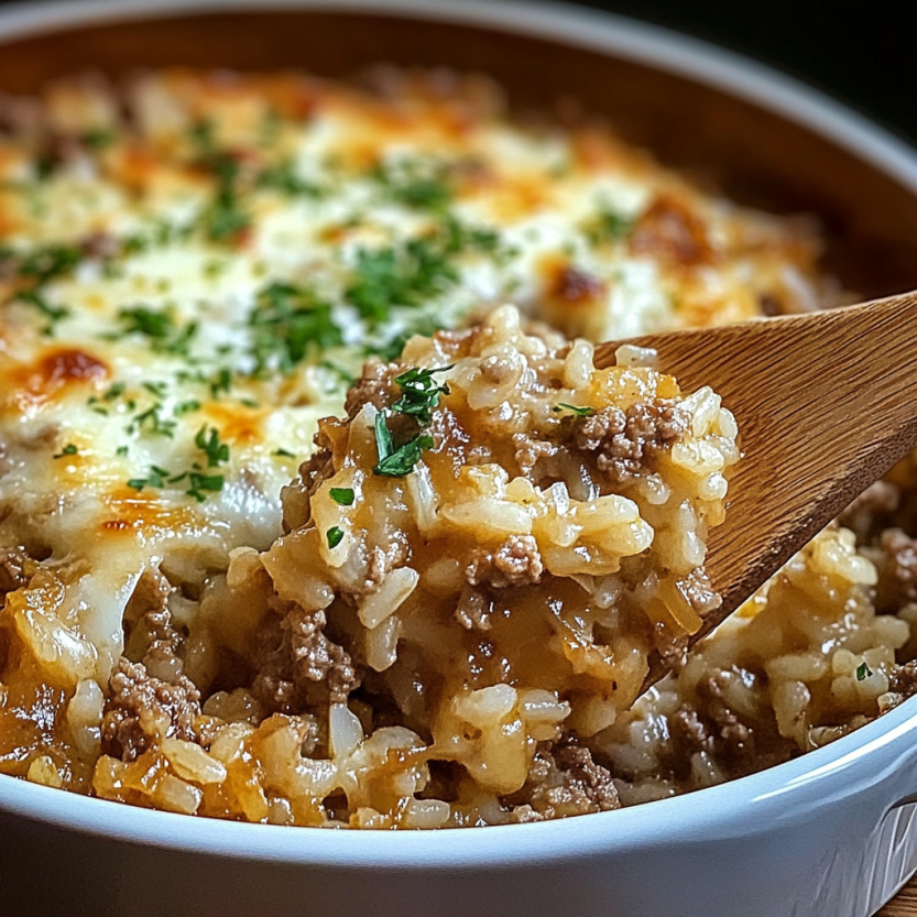 Une casserole de riz, viande hachée et oignon farci, servie dans un bol.