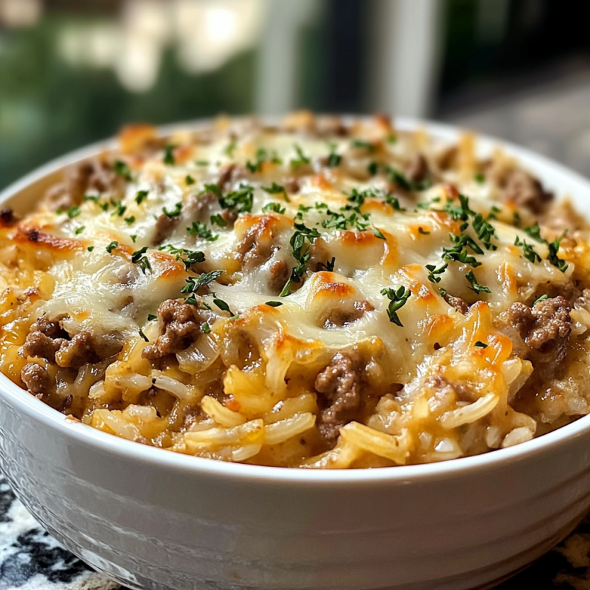 Une casserole de riz, viande hachée et oignon farci sur un plateau.