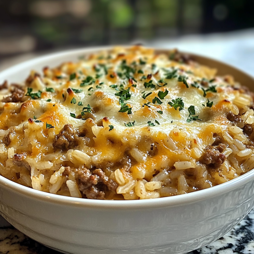 Une casserole de riz, viande hachée et oignon caramélisé.