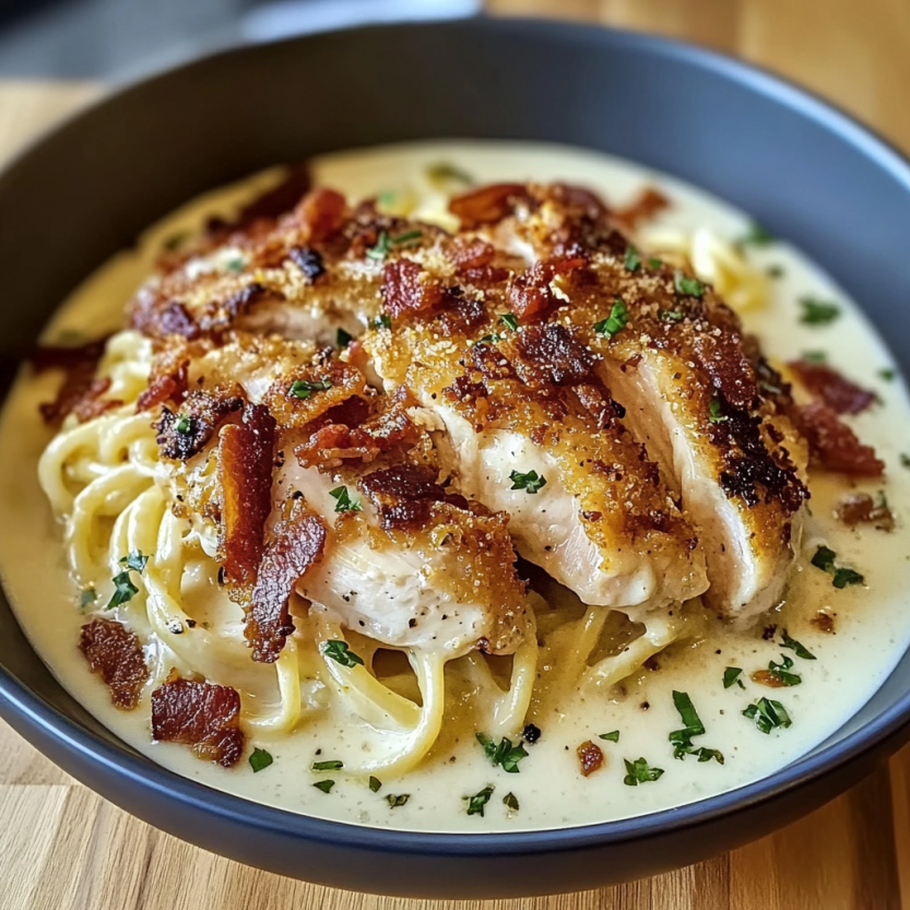Une assiette de spaghetti carbonara avec des morceaux de poulet croustillant et des lardons bacon.