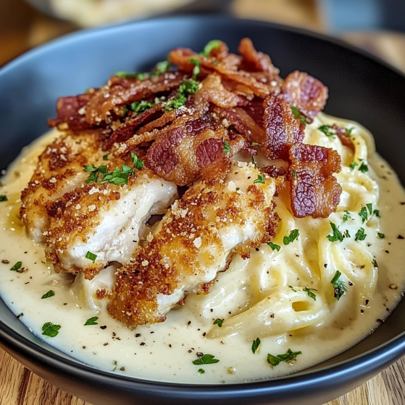 Une assiette de spaghetti carbonara avec des morceaux de poulet croustillant et des lardons.