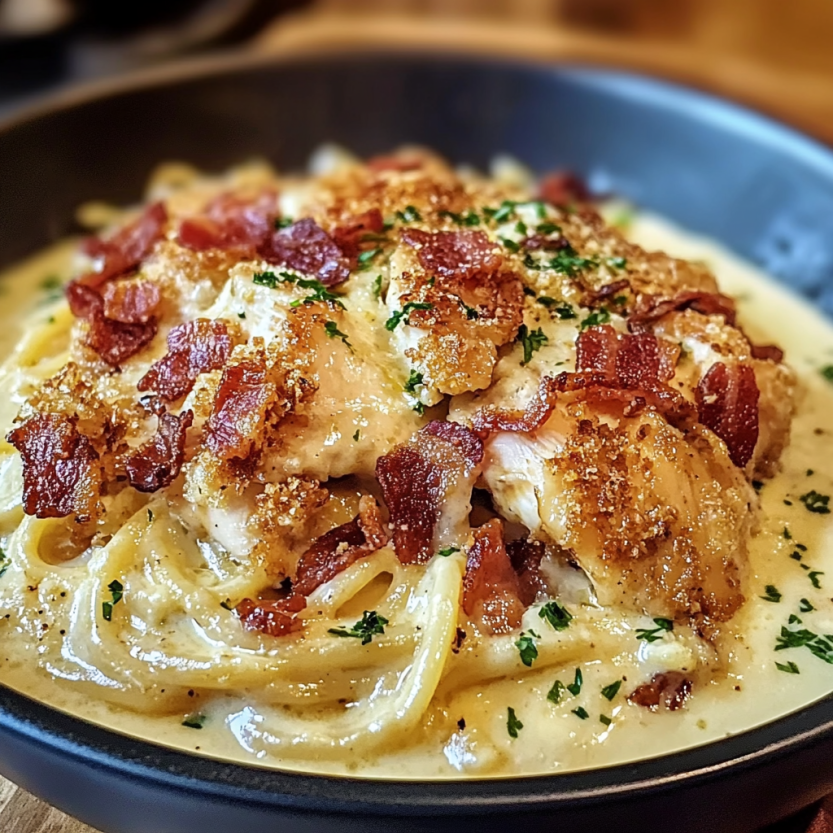 Une assiette de spaghetti carbonara avec des morceaux de poulet croustillant et des lardons.