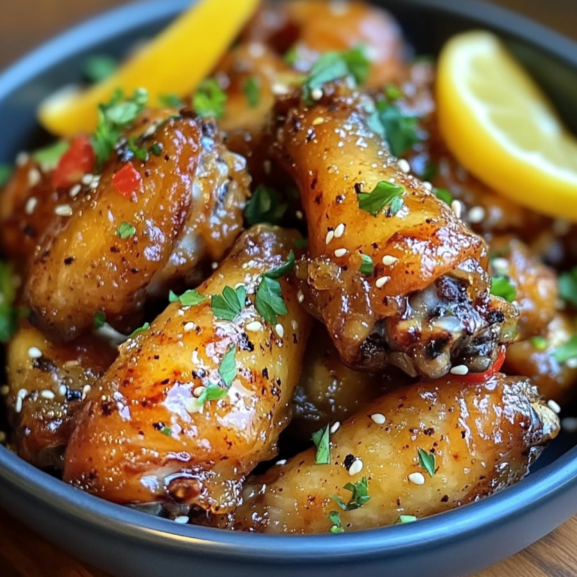 Une assiette de poulet grillé avec des légumes verts et des citrons.