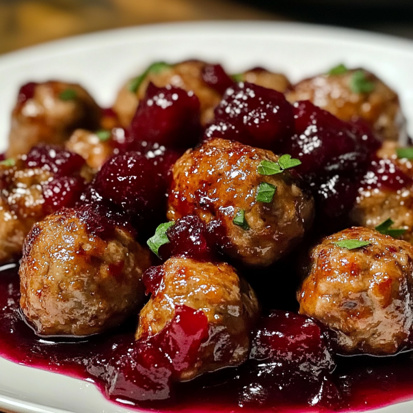 Une assiette de sauce de cranberry avec des boulettes de viande.