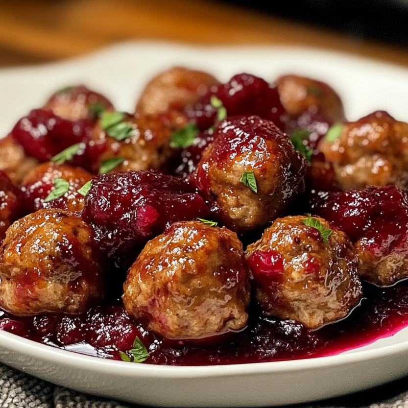 Plate of meatballs covered in cranberry sauce.