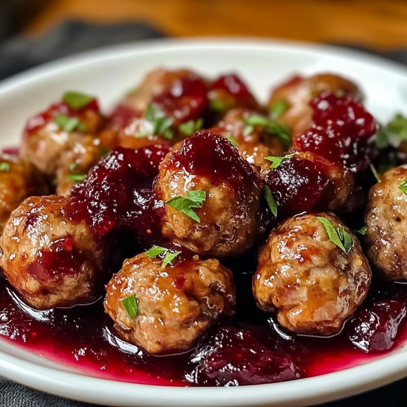 Une assiette de sauce de cranberry avec des boulettes de viande.