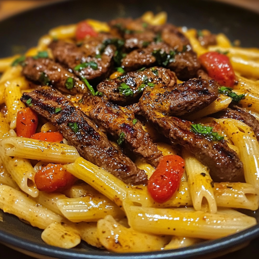 Une image de nourriture qui contient des pâtes, des tomates, des épinards, des herbes et des viandes grillées.