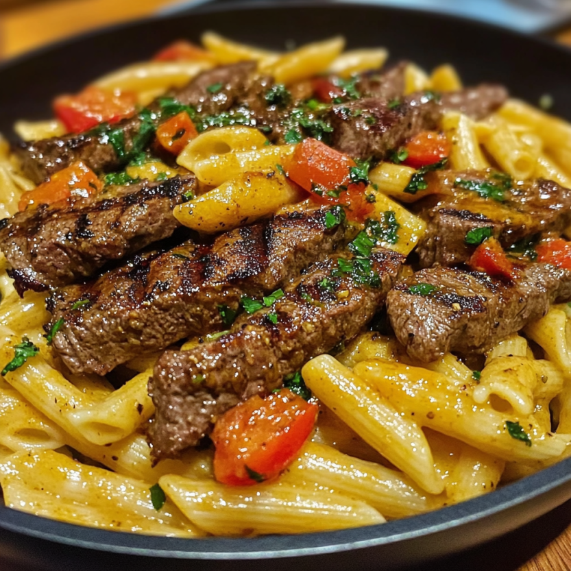 Une image de nourriture qui contient des pâtes, du steak, des tomates, des herbes et du beurre.