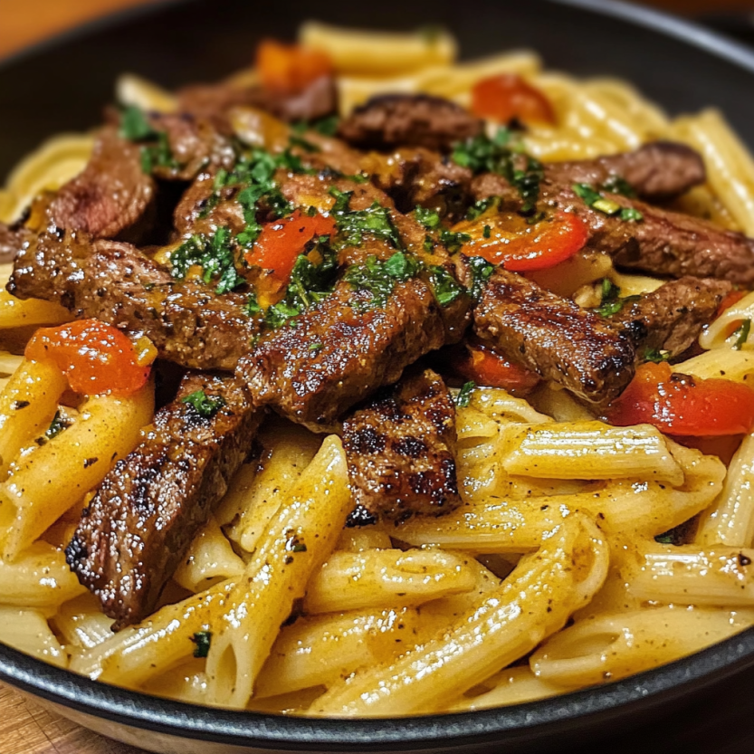 Une image de nourriture qui contient des pâtes, du steak, des tomates, des herbes et du beurre de cajun.