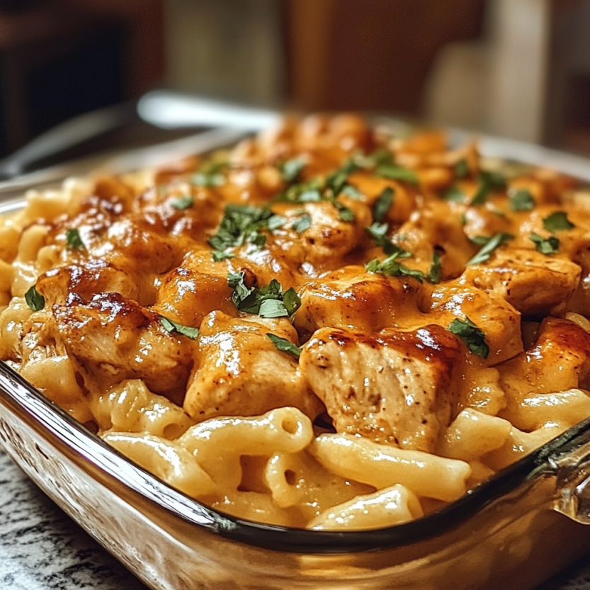 Un plat de macaroni et de chicken BBQ avec une sauce de chili et de cheddar.