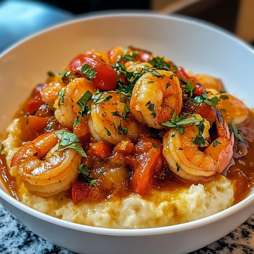 Une assiette de riz et de langoustines servie sur une table.