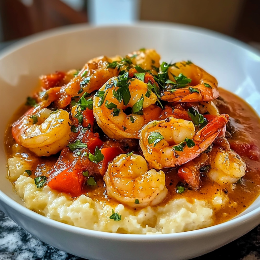Une assiette de grits et de fruits de mer.