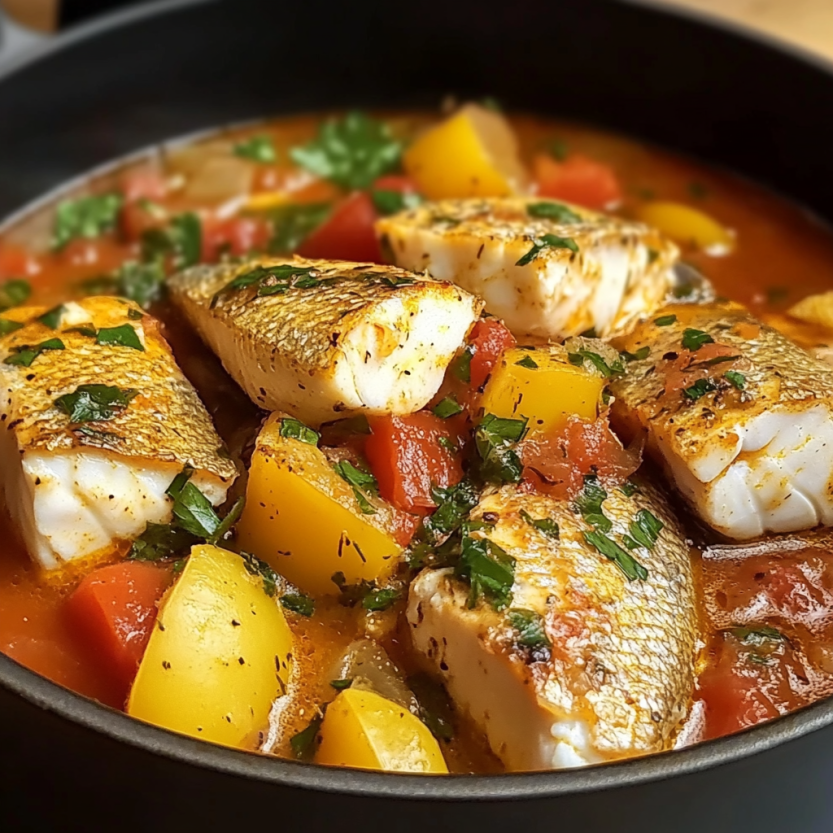 Une poêle contenant des poissons et des légumes.