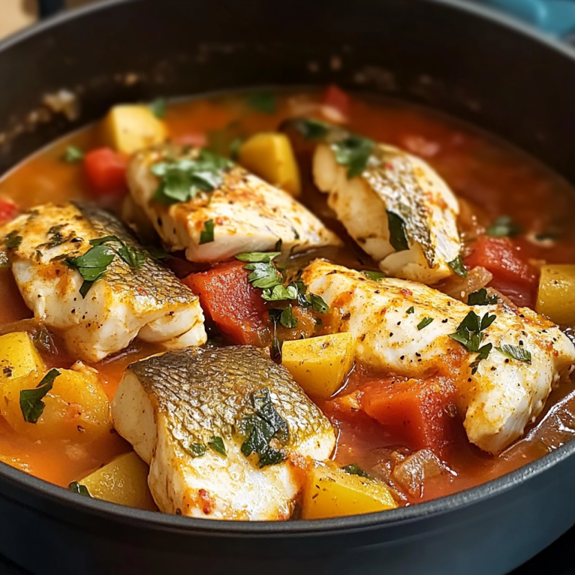 Une poêle contenant des poissons et des légumes.