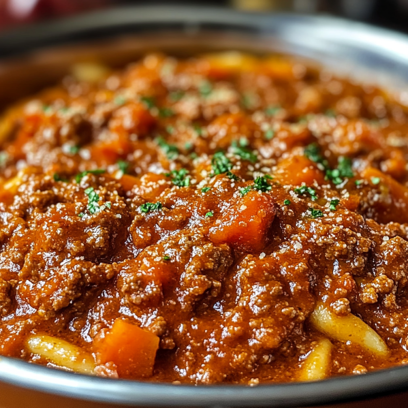 Une casserole de sauce bolognaise est servie dans un bol.