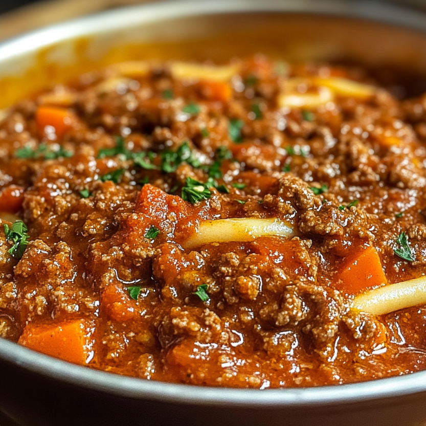 Une grande casserole contenant une sauce bolognaise maison.