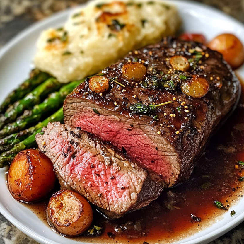 Un steak de boeuf grillé avec des légumes verts et des champignons.
