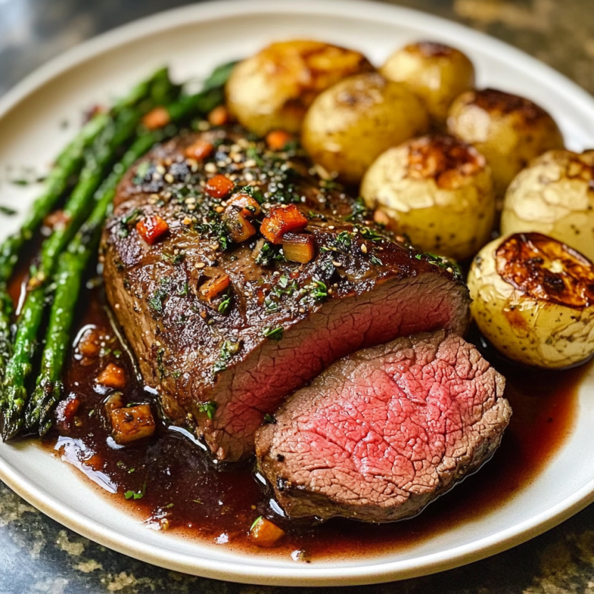 Une viande rouge de boeuf grillée avec des légumes verts.