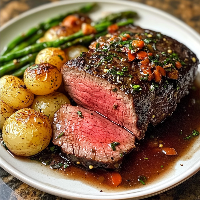 Une viande rouge de boeuf, cuite à la poêle, est servie sur un plateau avec des légumes verts.