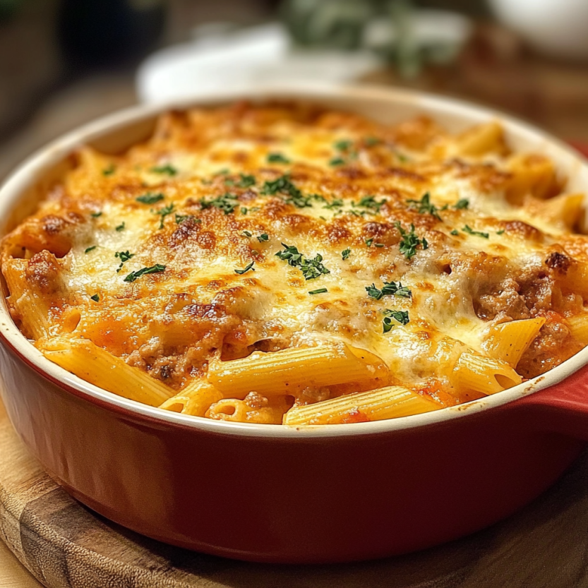 Une casserole de macaroni et de fromage, servie dans un bol en terre rouge.