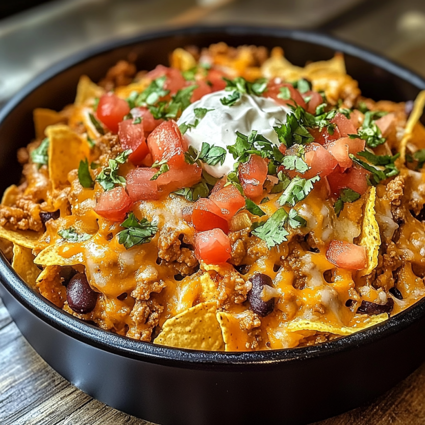 Une casserole de tacos chili avec des tomates, des pommes de terre, des épinards et des herbes.