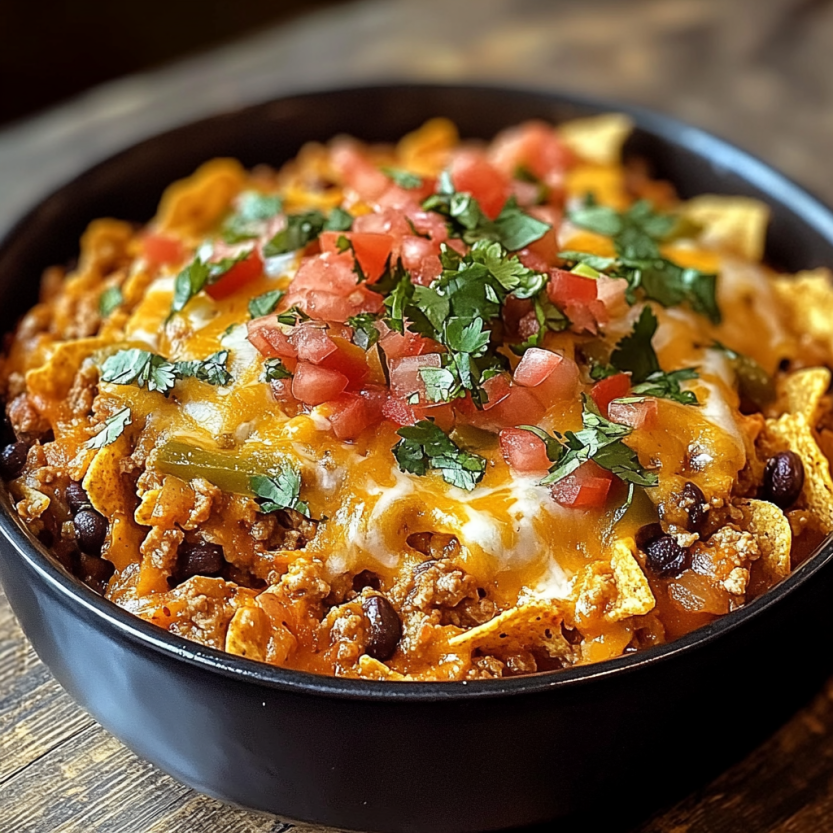 Une casserole de taco avec des tomates, des épinards et des chili.