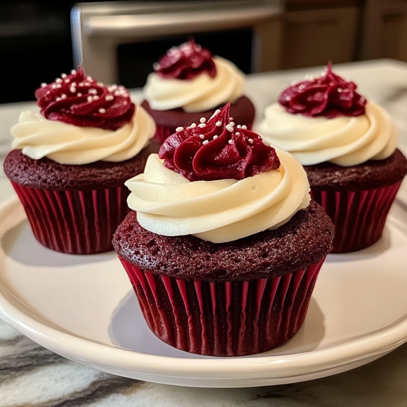 Quatre cupcakes rouges avec des garnitures en forme de roses.