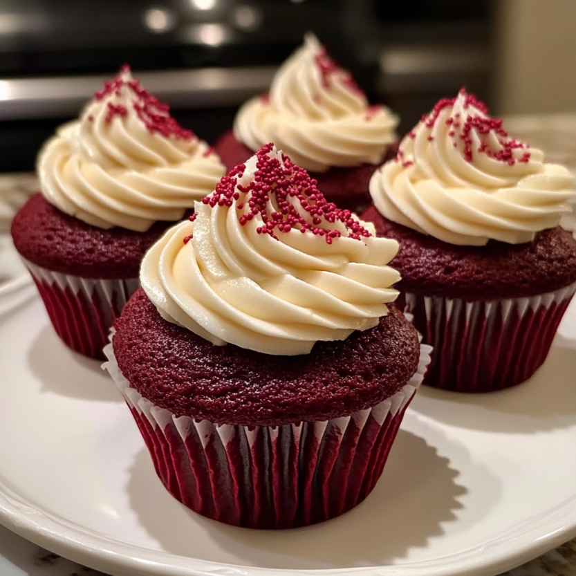 Quatre cupcakes rouges avec des pétales de crème blanche sur un plateau.
