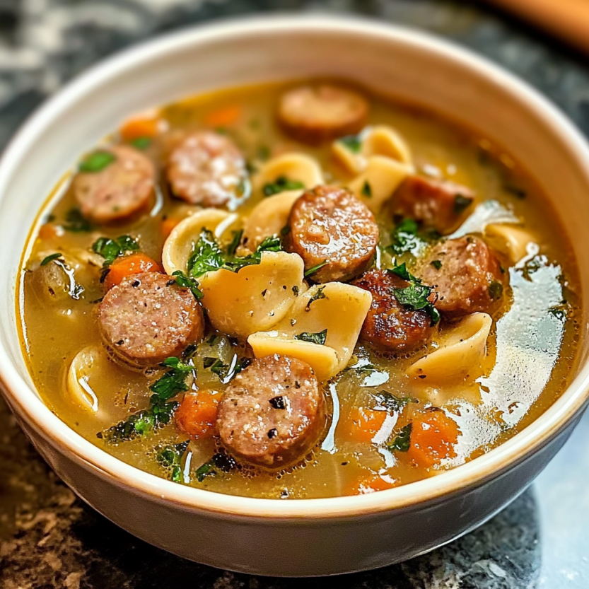 Une soupe de saucisson avec des pâtes et des légumes.