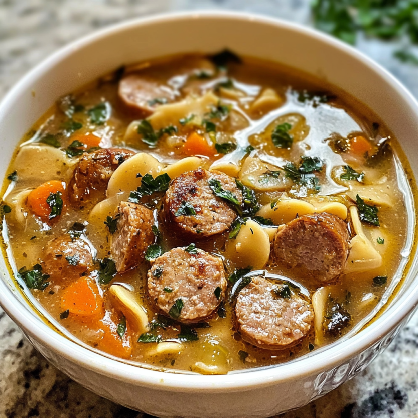 Une soupe de saucisson avec des légumes et des nouilles.