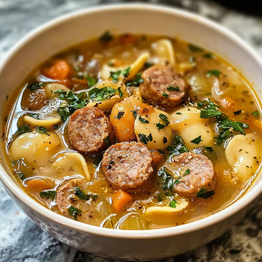 Une soupe de saucisson avec des légumes et des nouilles.