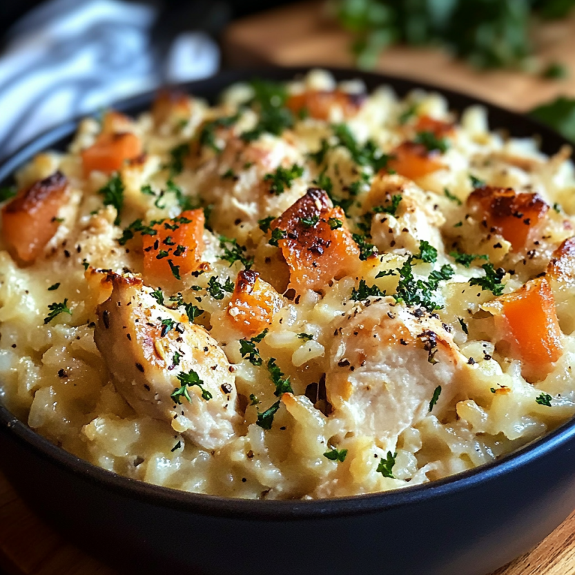 Une casserole de poulet et de riz, avec des légumes et des herbes, est servie dans un bol sur une table.