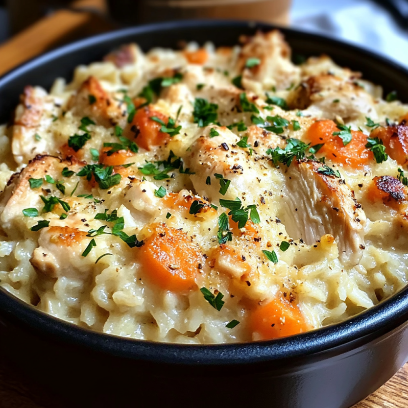 Une casserole de poulet et de riz, avec des herbes et des légumes, est servie dans un bol en verre.