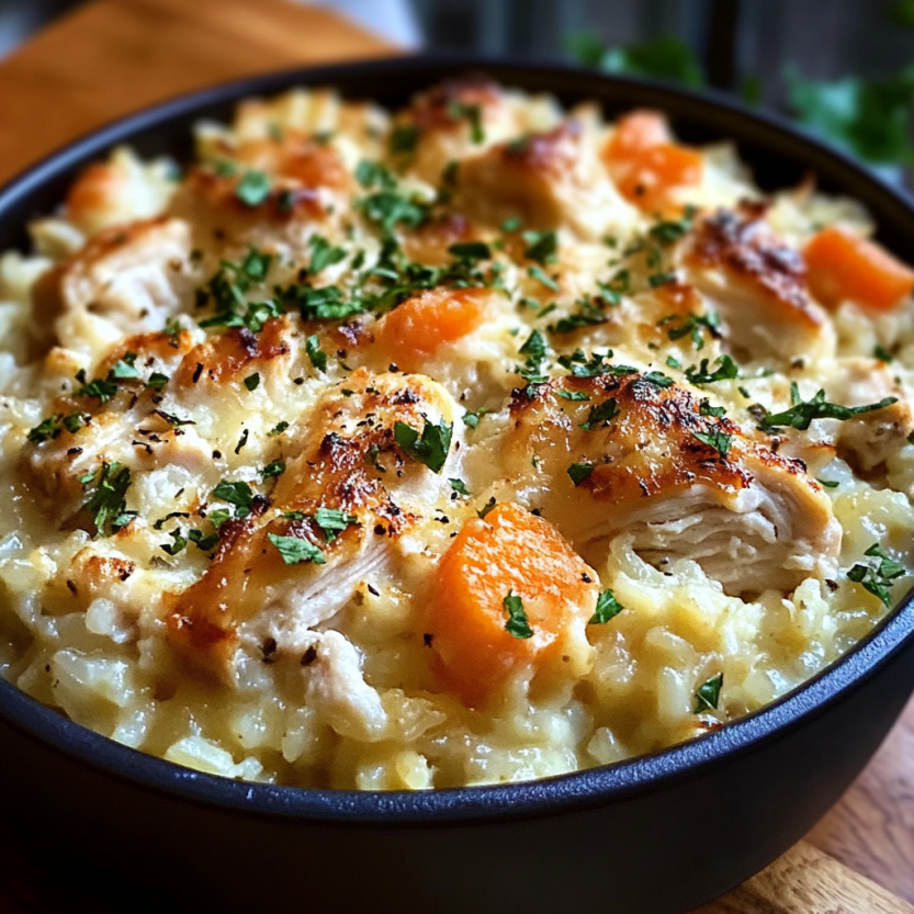 Une casserole de poulet et de riz, avec des légumes verts et des carottes, est servie dans un bol sur une table.