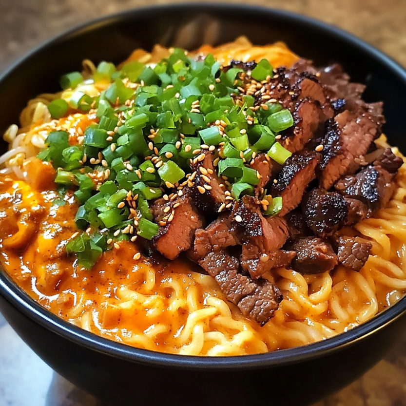 Une assiette de spicy Korean Ramen avec des grillés de viande et une sauce crémeuse.