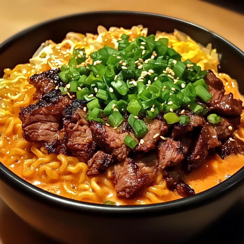 Une assiette de spicy Korean Ramen avec des grillés de viande et une sauce crémeuse.