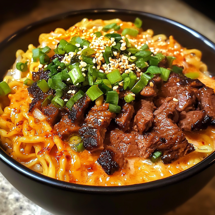 Une assiette de spicy Korean Ramen avec des grillés de viande et une sauce crémeuse.