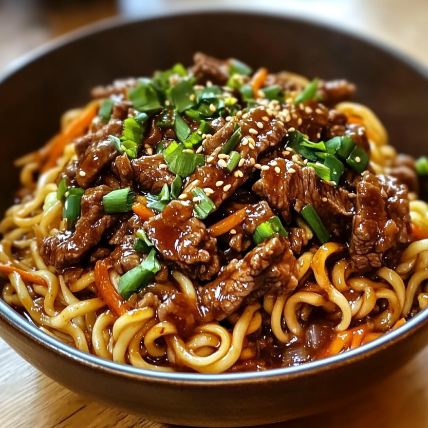 Une assiette de noodles de boeuf avec des légumes verts et des herbes.