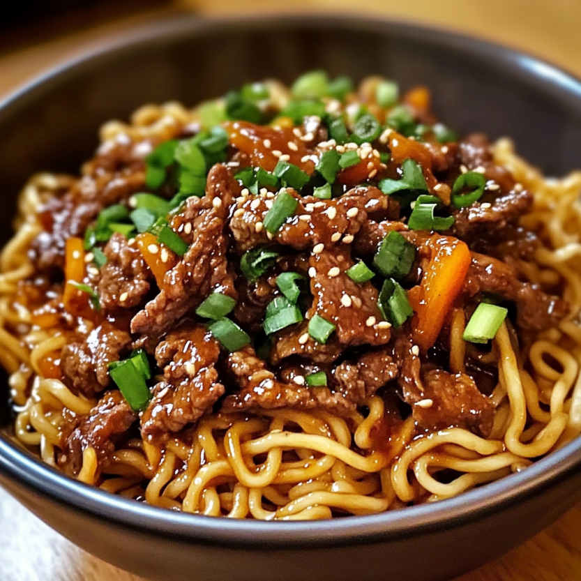 Une assiette de noodles de boeuf avec des légumes verts et des herbes.