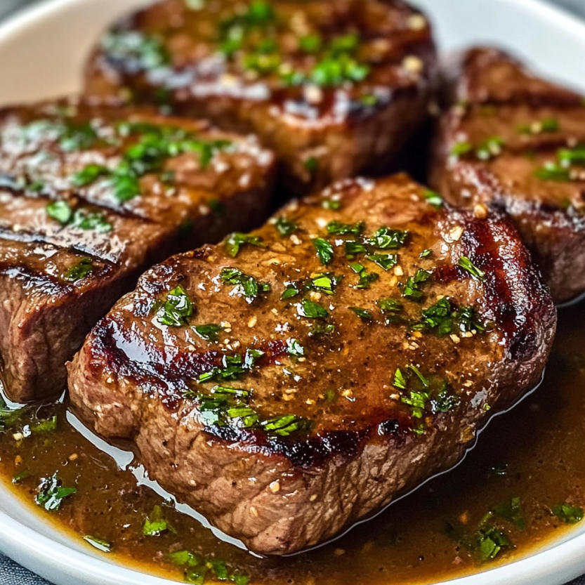Steak marinée dans un mélange de sauce et de herbes.