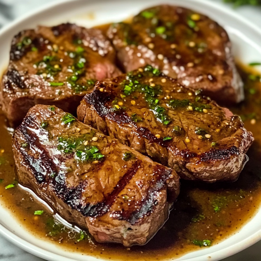 Steak marinée dans un mélange de sauce et de herbes.